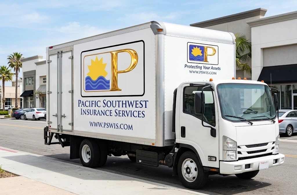 White box truck with Pacific Southwest Insurance Services logo and www.pswis.com, representing box truck insurance