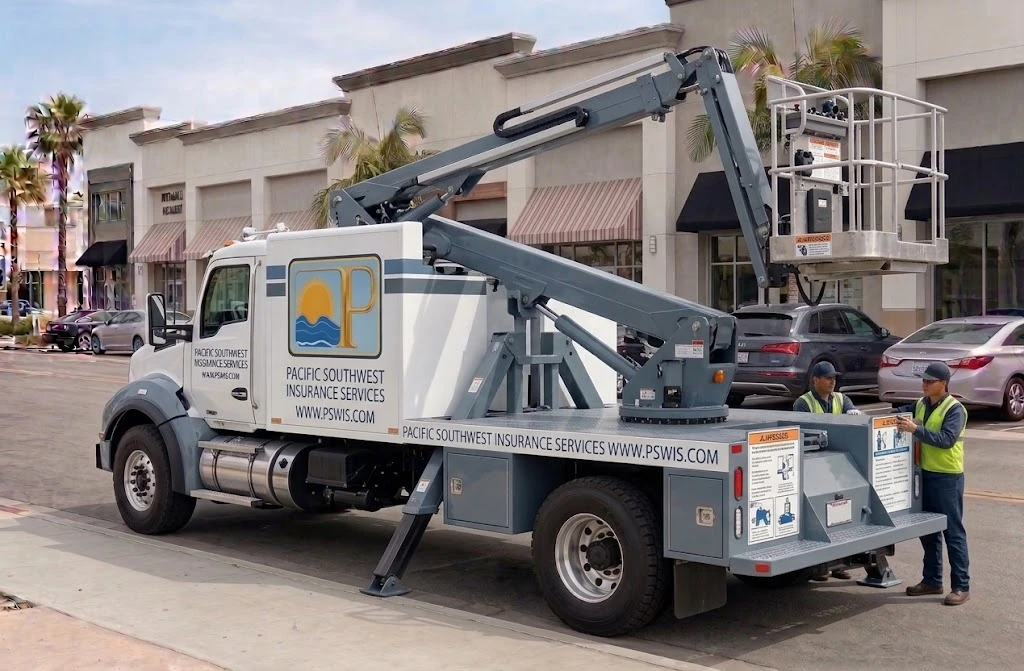 Bucket lift truck with Pacific Southwest Insurance Services logo and www.pswis.com, boom raised with crew nearby, representing cherry picker and bucket truck insurance