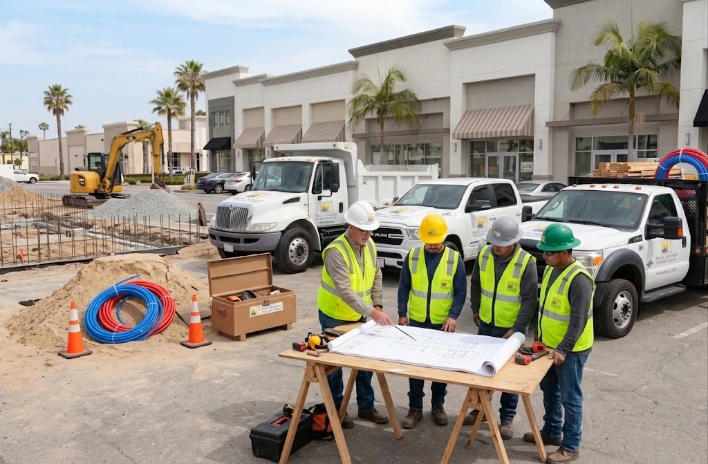 Contractor crew in hard hats reviewing plans at a job site with work trucks, representing the California LLC $100,000 contractor bond