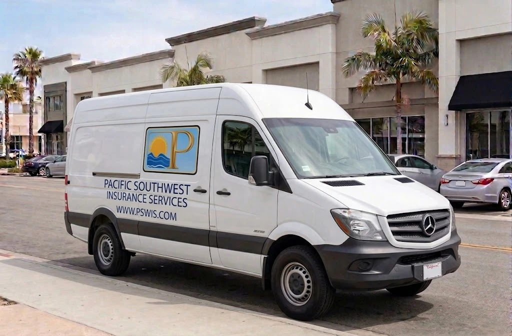 White sprinter van with Pacific Southwest Insurance Services logo and www.pswis.com, representing cargo van and sprinter van insurance