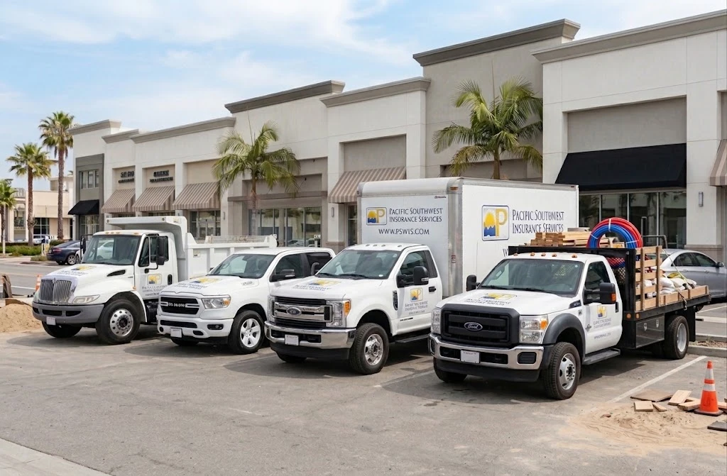 Fleet of white commercial trucks, including a box truck, dump truck, pickups and a stake bed truck, with Pacific Southwest Insurance Services logos, representing commercial auto insurance