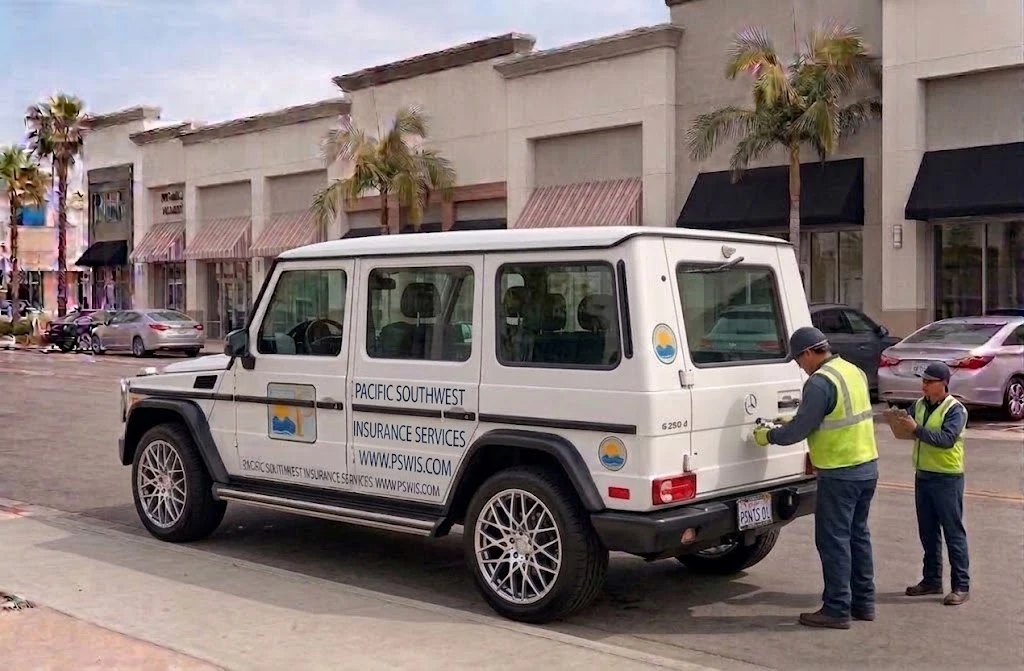 White SUV with Pacific Southwest Insurance Services logo and www.pswis.com, with a crew member at the rear door, representing commercial SUV insurance