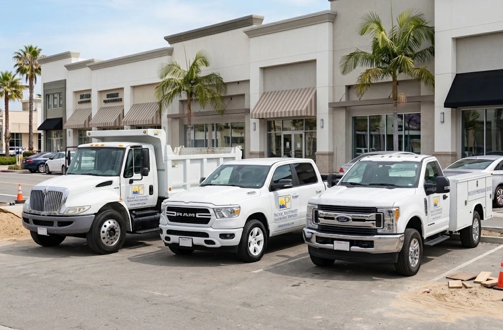 Fleet of white work trucks, including a dump truck, pickup and service body truck, with Pacific Southwest Insurance Services logos, representing landscaping, plumbing and HVAC vehicle insurance