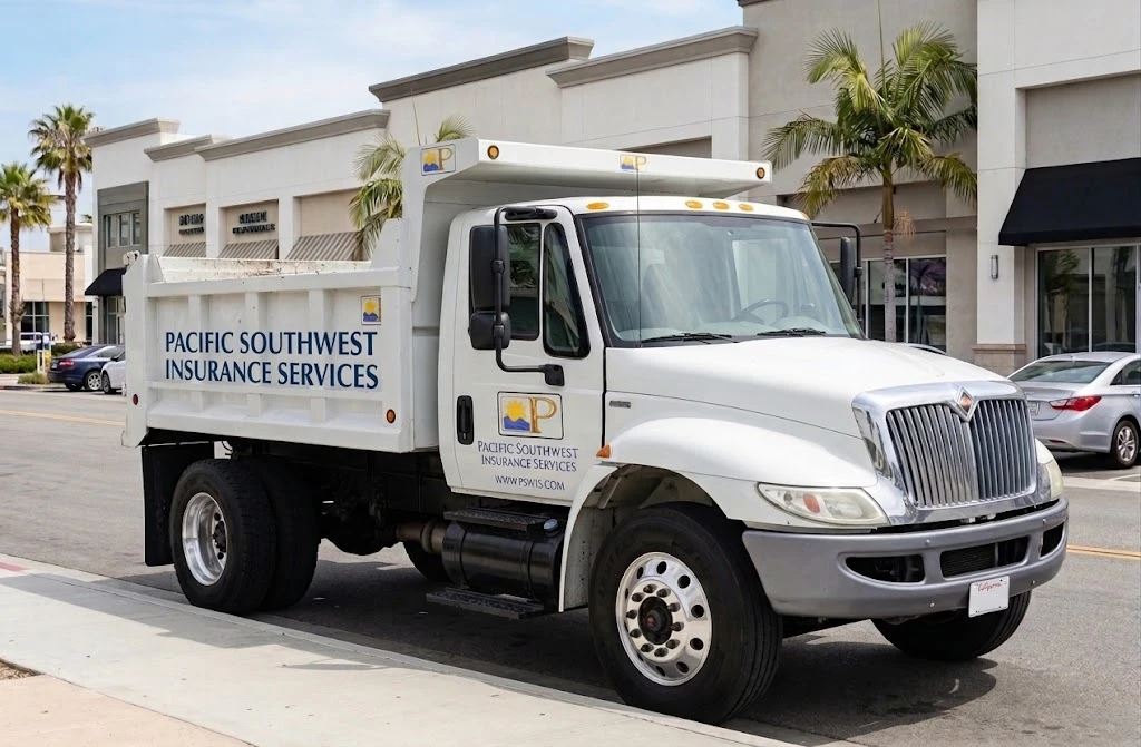 White dump truck with Pacific Southwest Insurance Services logo and www.pswis.com, representing dump truck insurance