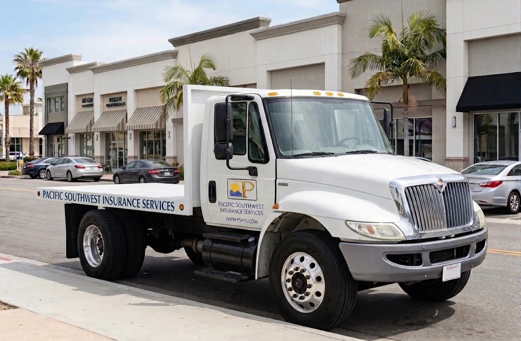 White flatbed truck with Pacific Southwest Insurance Services logo and www.pswis.com, representing flatbed truck insurance