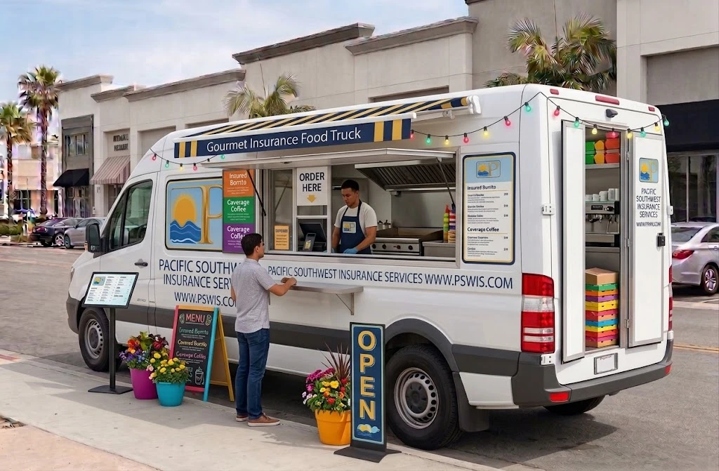 Food truck serving a customer, with Pacific Southwest Insurance Services logo and www.pswis.com, representing food truck insurance
