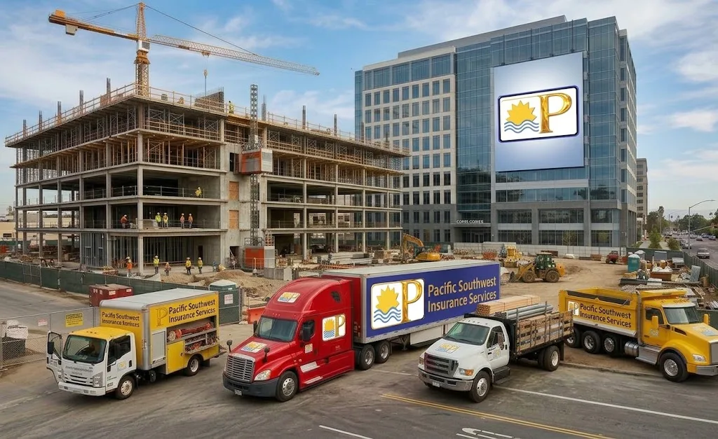 Pacific Southwest Insurance Services branded box truck, semi truck, flatbed and dump truck at a commercial construction site with a crane, next to an office building with the Pacific Southwest Insurance Services logo, representing commercial auto and commercial property insurance