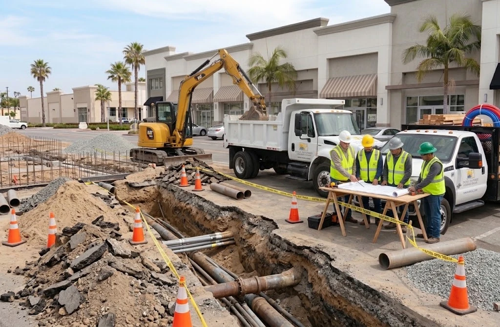 Contractor crew reviewing plans beside an excavation with an excavator and dump truck, representing performance, payment and bid bonds