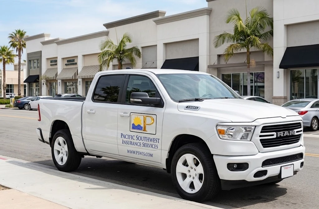 White pickup truck with Pacific Southwest Insurance Services logo and www.pswis.com, representing commercial pickup truck insurance