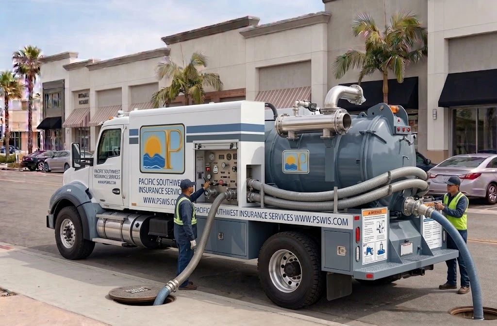 Pump truck with Pacific Southwest Insurance Services logo and www.pswis.com, crew working at a manhole, representing pump truck insurance