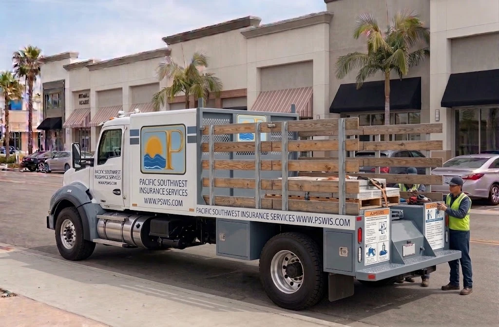Stake bed truck with wooden side rails and Pacific Southwest Insurance Services logo and www.pswis.com, representing stake bed truck insurance