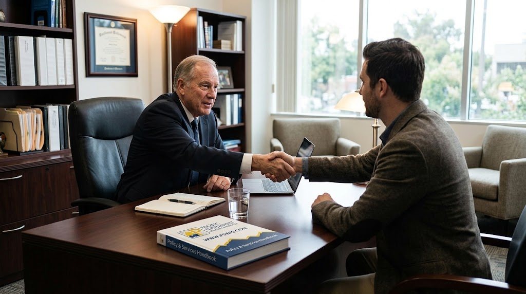 A Pacific Southwest Insurance Services agent shaking hands with a business owner in the office