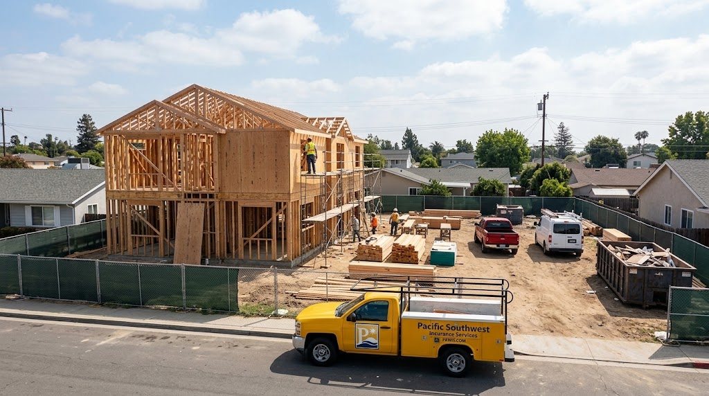Contractor building a new home with a Pacific Southwest Insurance Services work truck parked at the job site