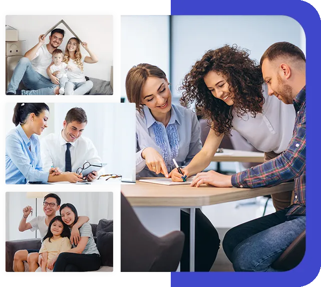 Insurance agent reviewing a policy with clients at a desk