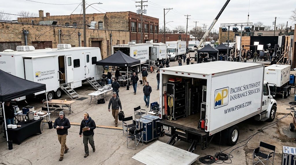 Pacific Southwest Insurance Services trucks and talent trailers at a film production base camp